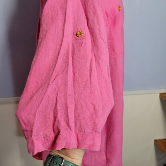 Company Ellen Tracy Extra Large Pink Peony Zippered V Neck Roll Tab Linen Blouse - Picture 4 of 13